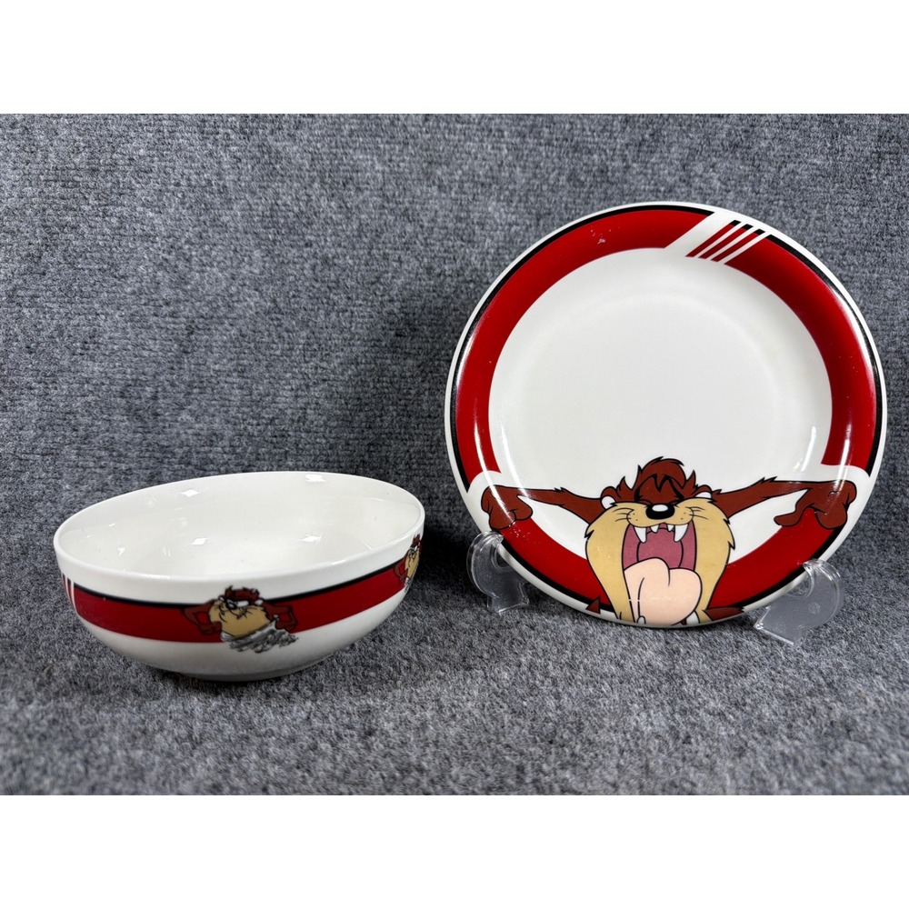 Vintage 1998 Looney Tunes Taz Tasmanian Devil Bowl & Plate Set Gibson Red White